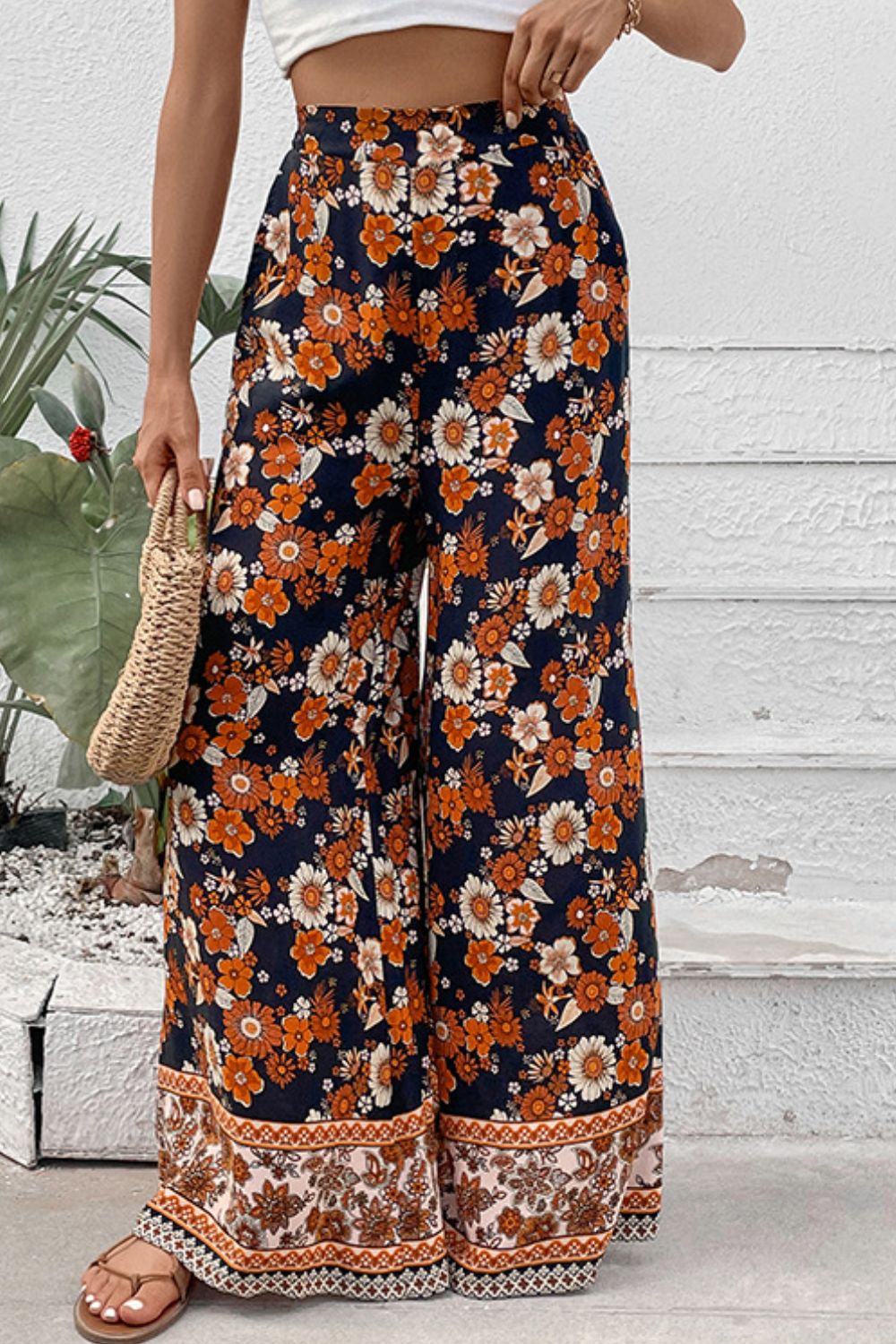 Perfee Floral Wide Leg Pants with Pockets