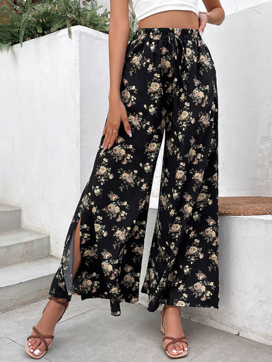 Perfee Floral Side Slit Wide Leg Pants