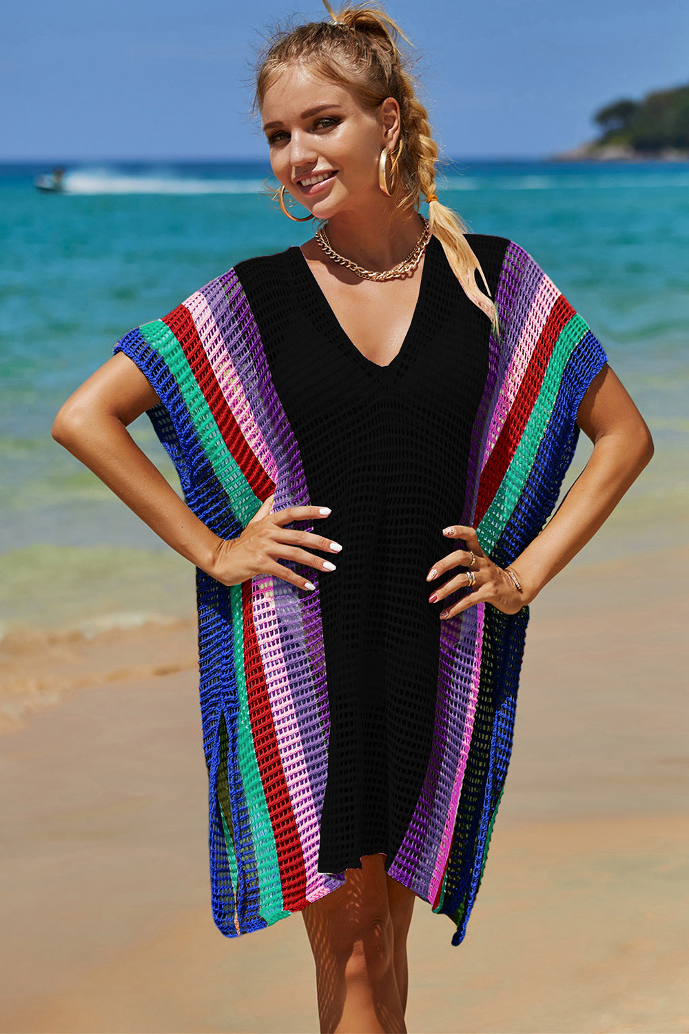 Angel Wings Openwork Striped Slit Knit Cover Up