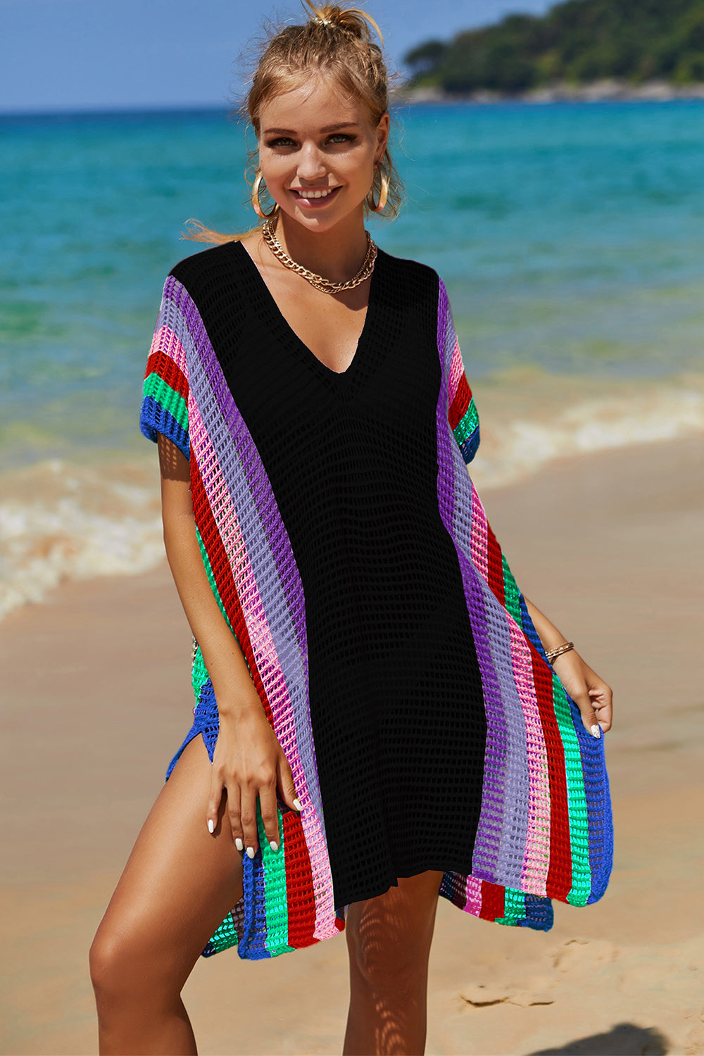 Angel Wings Openwork Striped Slit Knit Cover Up