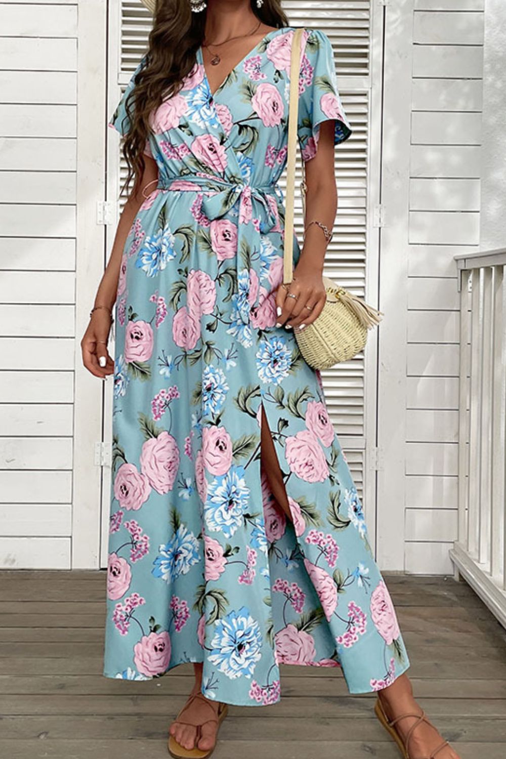 Perfee Floral Tie-Waist Slit Surplice Maxi Dress