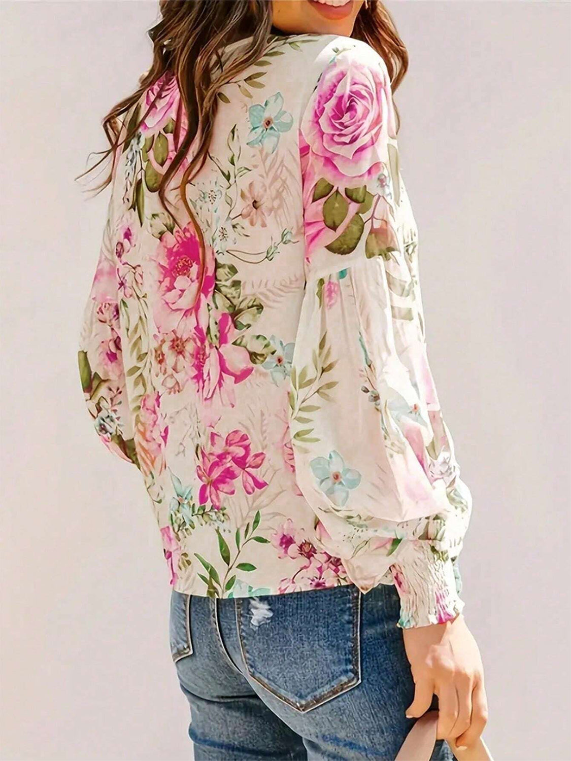 Printed Round Neck Lantern Sleeve Blouse