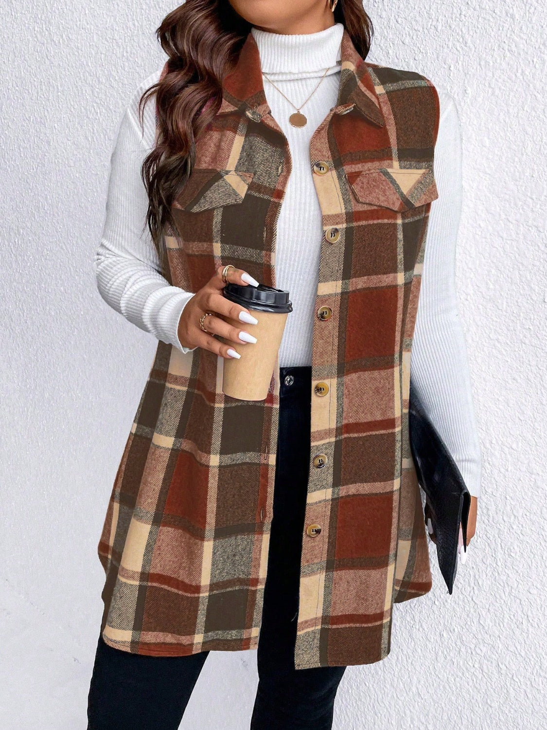 Honey Plus Size Pocketed Plaid Button Up Vest Coat