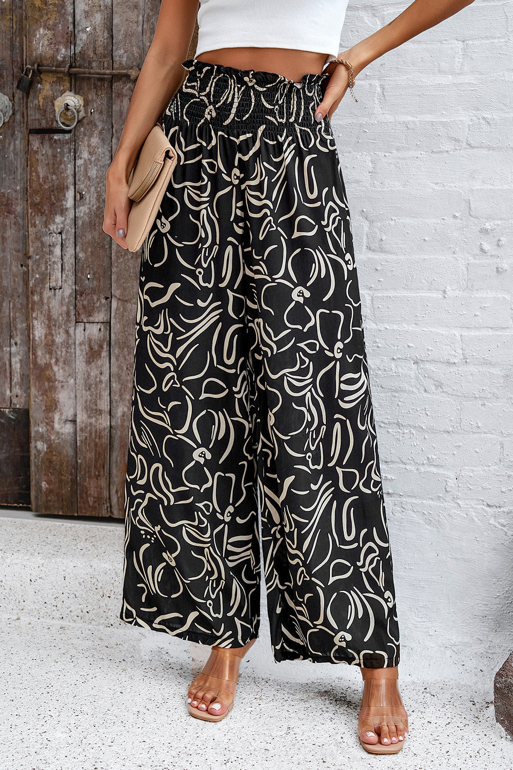 Devine Smocked Printed Wide Leg Pants with Pockets