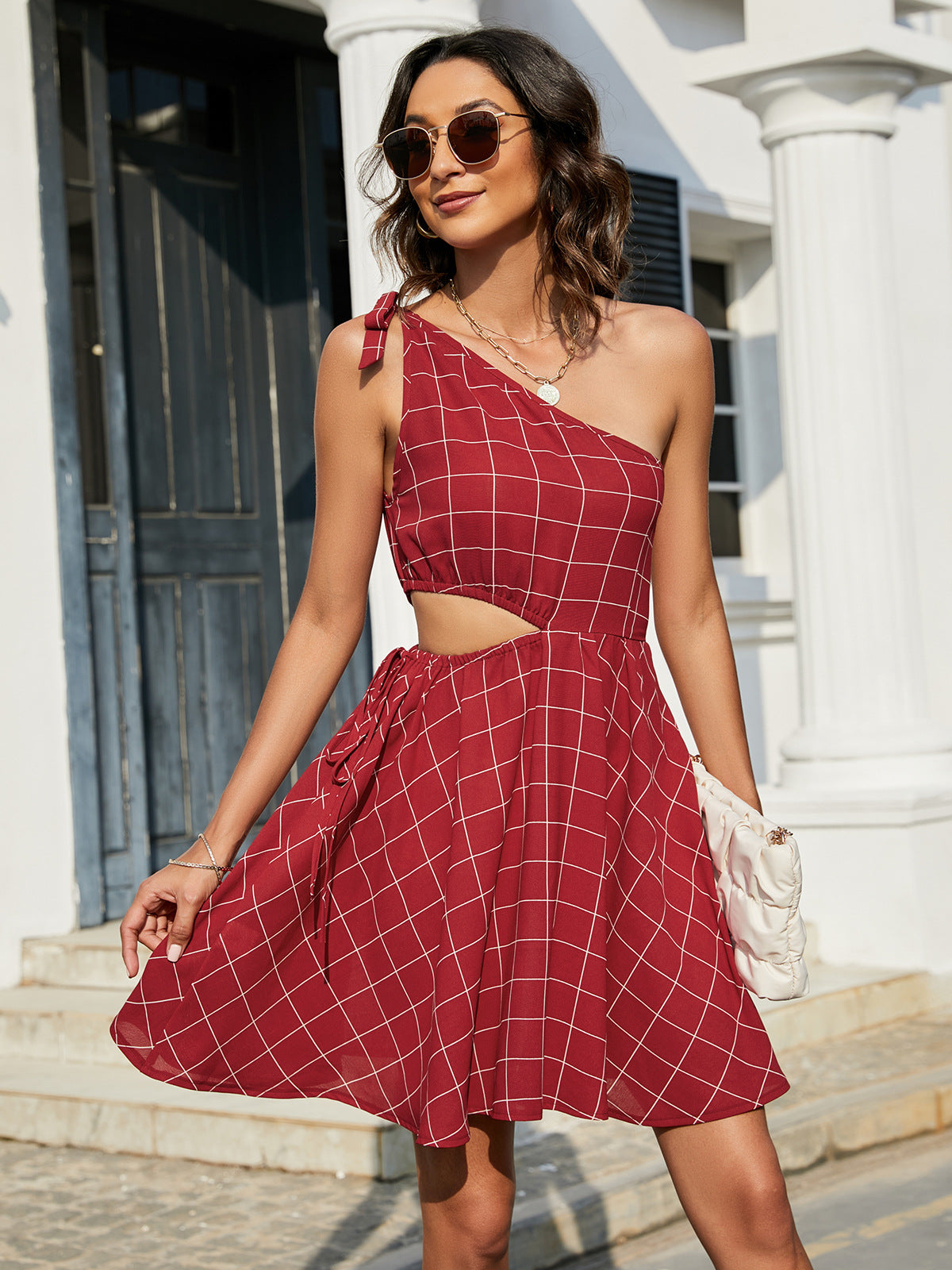 Grid One-Shoulder Tied Cutout Dress