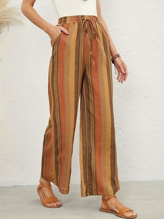 Full Size Drawstring Striped Wide Leg Pants