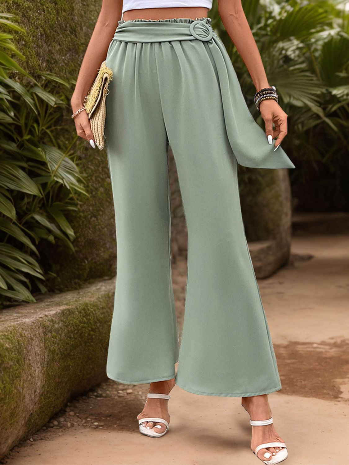 Perfee Elastic Waist Wide Leg Pants with Pockets